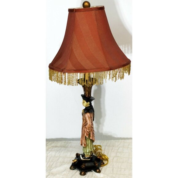 Berman Oriental Asian Man Figurine Lamp Red Lamp Shade Orange Fringe Trim Color - Picture 5 of 12